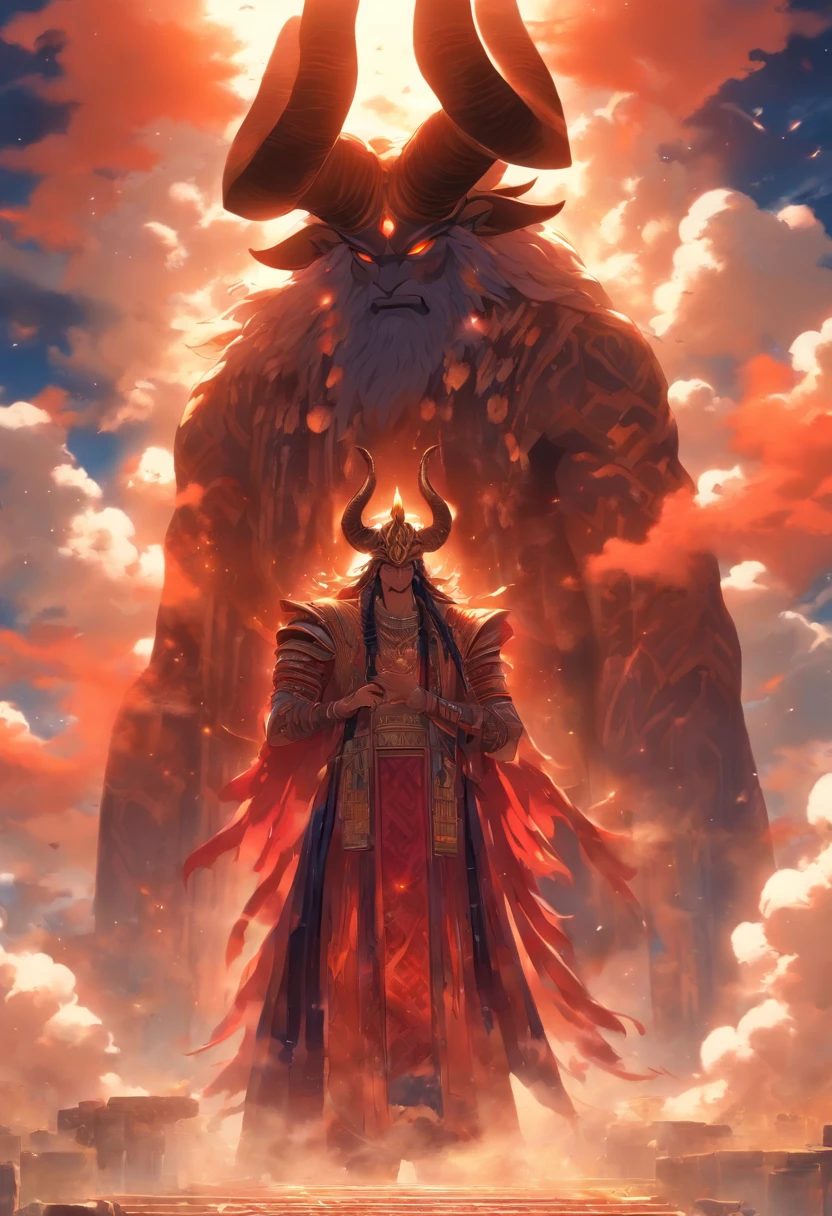 (((ANU))) best quality, ultra-high resolution, 4K detailed CG, masterpiece, Sumerian God,horns, horn,clouds, Sumerian clothes, Sumerian mythology, ((Sky God)), Sumerian image, aesthetic, screen-centric, full body