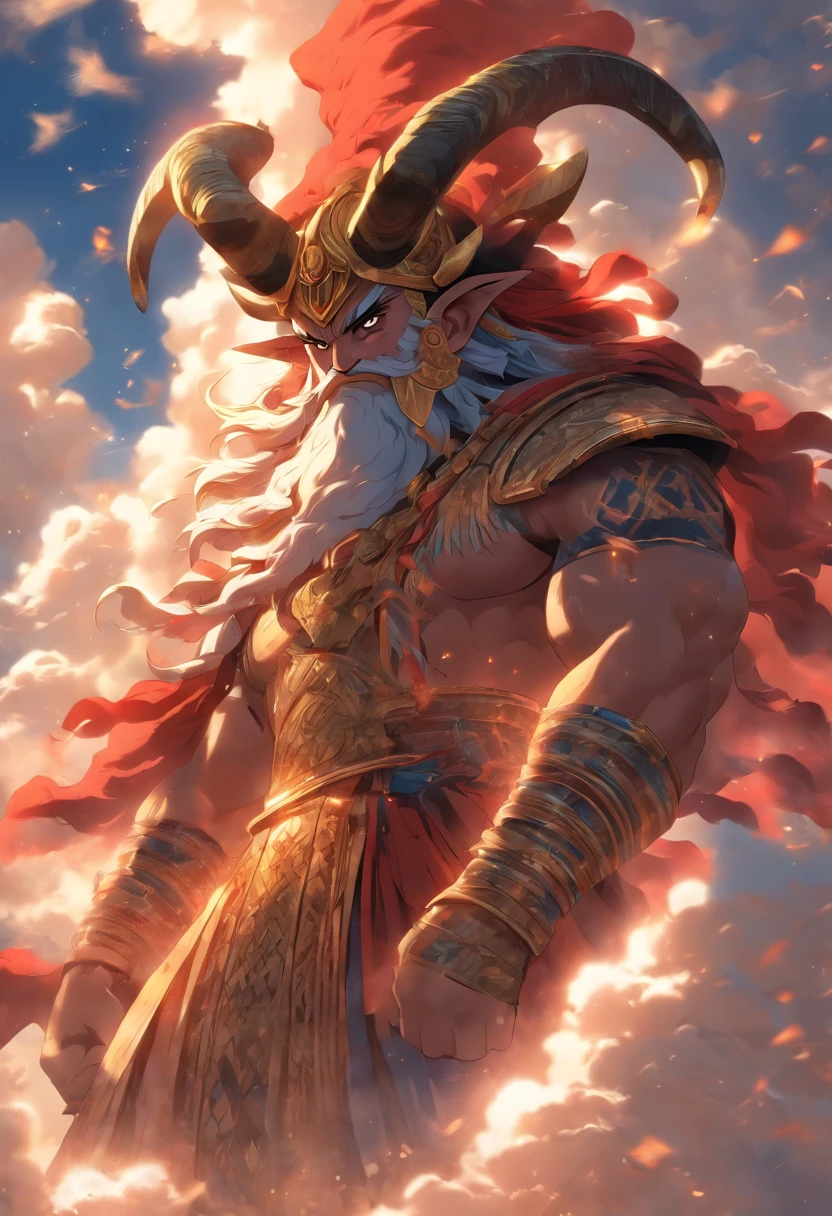 (((ANU))) best quality, ultra-high resolution, 4K detailed CG, masterpiece, Sumerian God,horns, horn,clouds, Sumerian clothes, Sumerian mythology, ((Sky God)), Sumerian image, aesthetic, screen-centric, full body