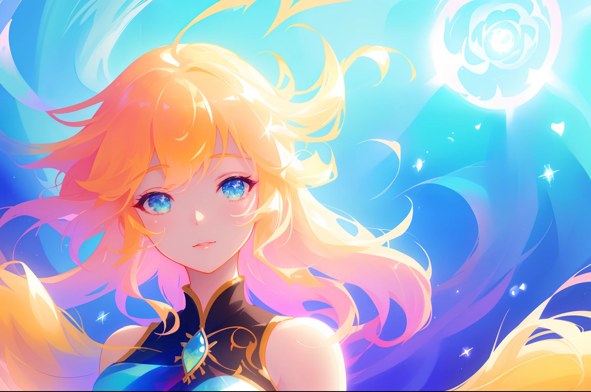 beautiful girl, flowing white dress, vibrant pastel colors, (colorful), magical lights, long flowing golden hair, inspired by Glen Keane, inspired by Lois van Baarle, disney art style, by Lois van Baarle, glowing aura around her, by Glen Keane, jen bartel, glowing lights! digital painting, flowing glowing hair, glowing flowing hair, beautiful digital illustration, fantasia background, whimsical, magical, fantasy, beautiful face, ((masterpiece, best quality)), intricate details, highly detailed, sharp focus, 8k resolution, sparkling detailed eyes, liquid watercolor