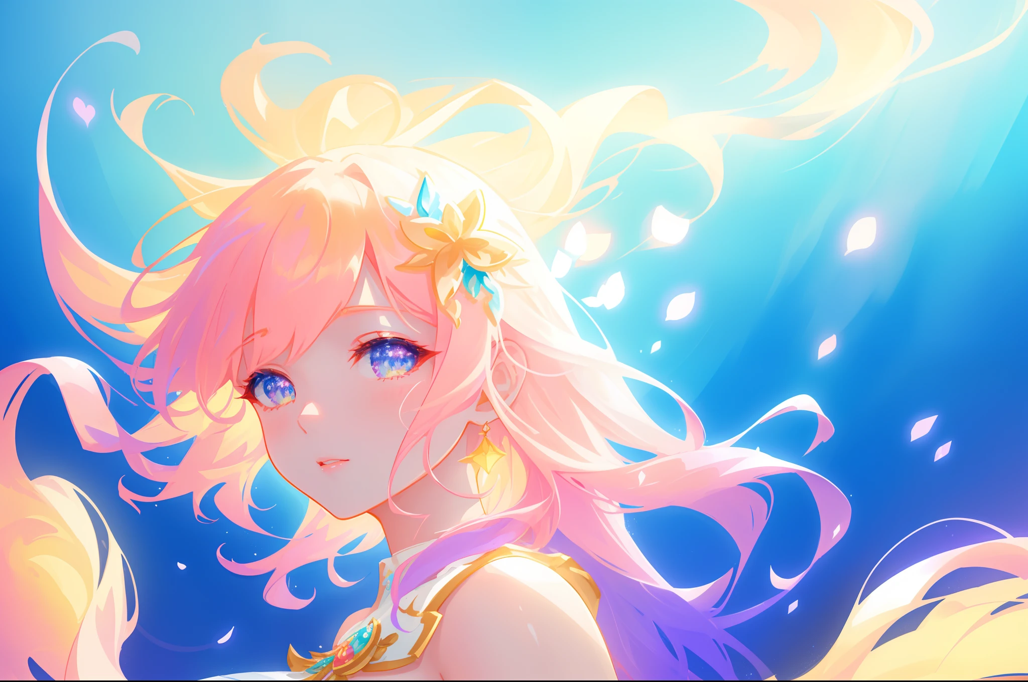 beautiful girl, flowing white dress, vibrant pastel colors, (colorful), magical lights, long flowing golden hair, inspired by Glen Keane, inspired by Lois van Baarle, disney art style, by Lois van Baarle, glowing aura around her, by Glen Keane, jen bartel, glowing lights! digital painting, flowing glowing hair, glowing flowing hair, beautiful digital illustration, fantasia background, whimsical, magical, fantasy, beautiful face, ((masterpiece, best quality)), intricate details, highly detailed, sharp focus, 8k resolution, sparkling detailed eyes, liquid watercolor