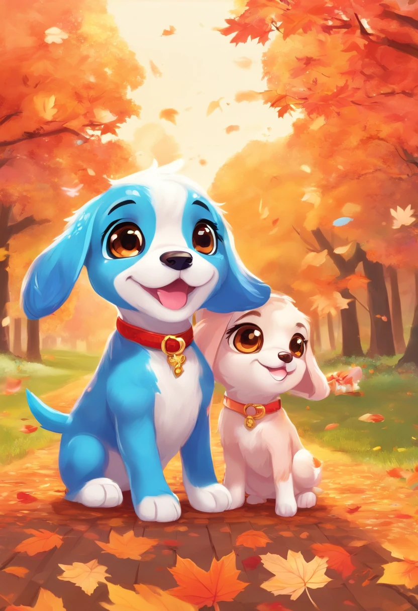 Two super cute blue-eyed puppies playing, Maple Red,, Beautiful scenery, Autumn, Flight of the red maple, a picture