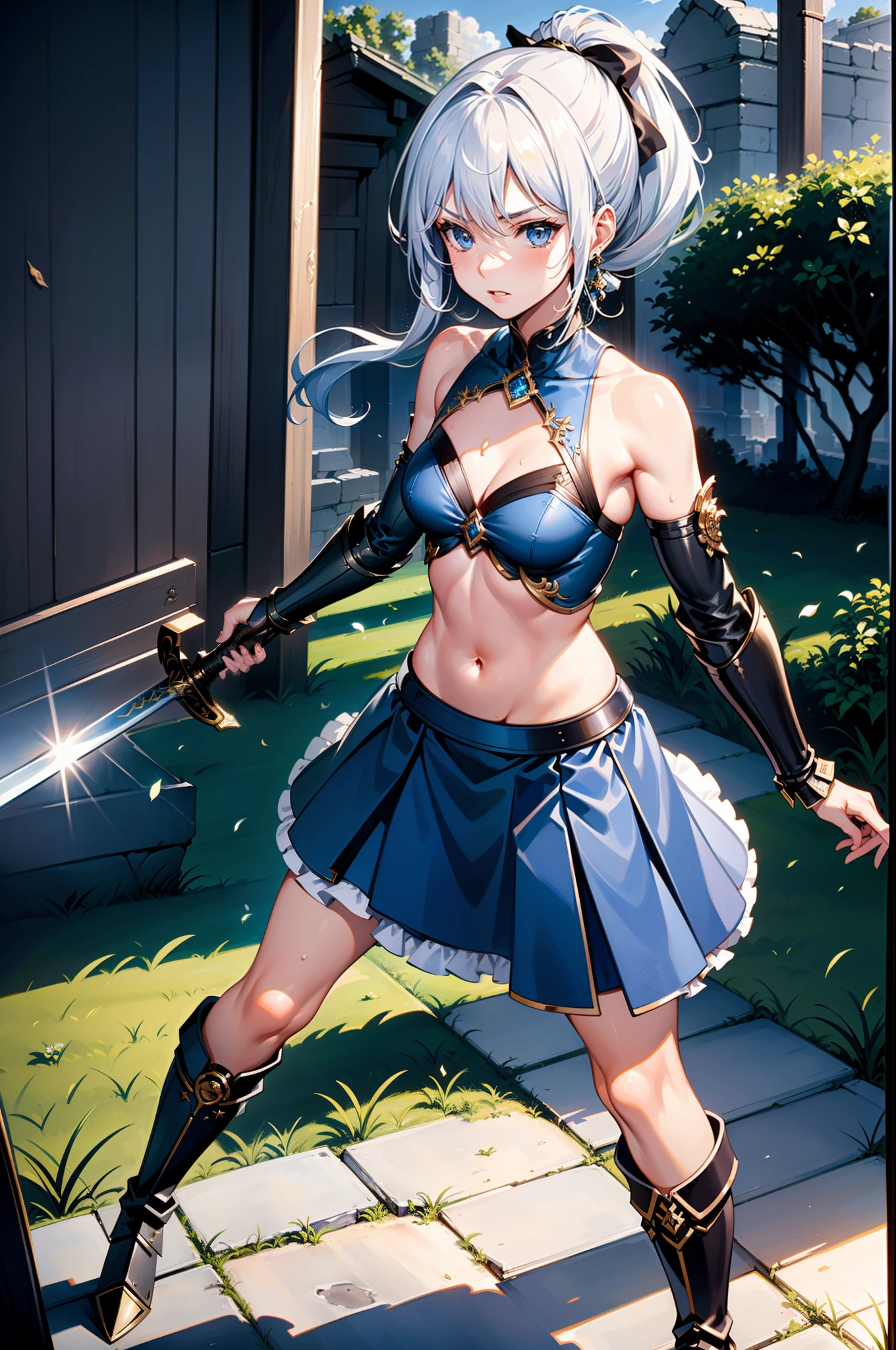 (Very delicate and beautiful in 8K、Dynamic Angle、​masterpiece、top-quality、depth of fields:1.0)、One Woman、Dainty beauty、22year old、[Dye cheeks]、(Beautiful glowing skin、Beautiful expression、detailed facial features、Features of a beautiful body:1.0)、Blue eyes、(Detailed beautiful gray hair、white  hair、hair between eye、poneyTail:1.0)、(Bare shoulders、Navel Ejection:1.2)、Dark blue costume、battle costume、Bust Armor、pleatedskirt、waist side armor、knee boots、Fantasy worldview、A smile that enjoys the thrill、(in fighting、battle posture、Holding a sword:1.3)、(Daytime battlefield、Plain landscape with beautiful blue sky:1.3)、