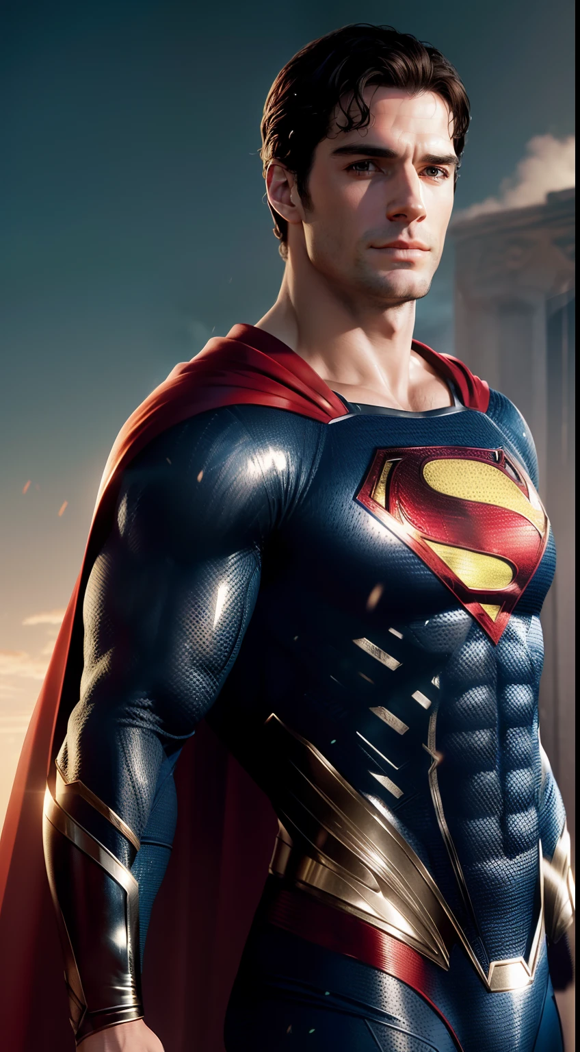 (8k, RAW photo, best quality, masterpiece:1.2), ultra detailed, official art, photo-realistic:1.37, upper body shot, Superman film grain, action pose