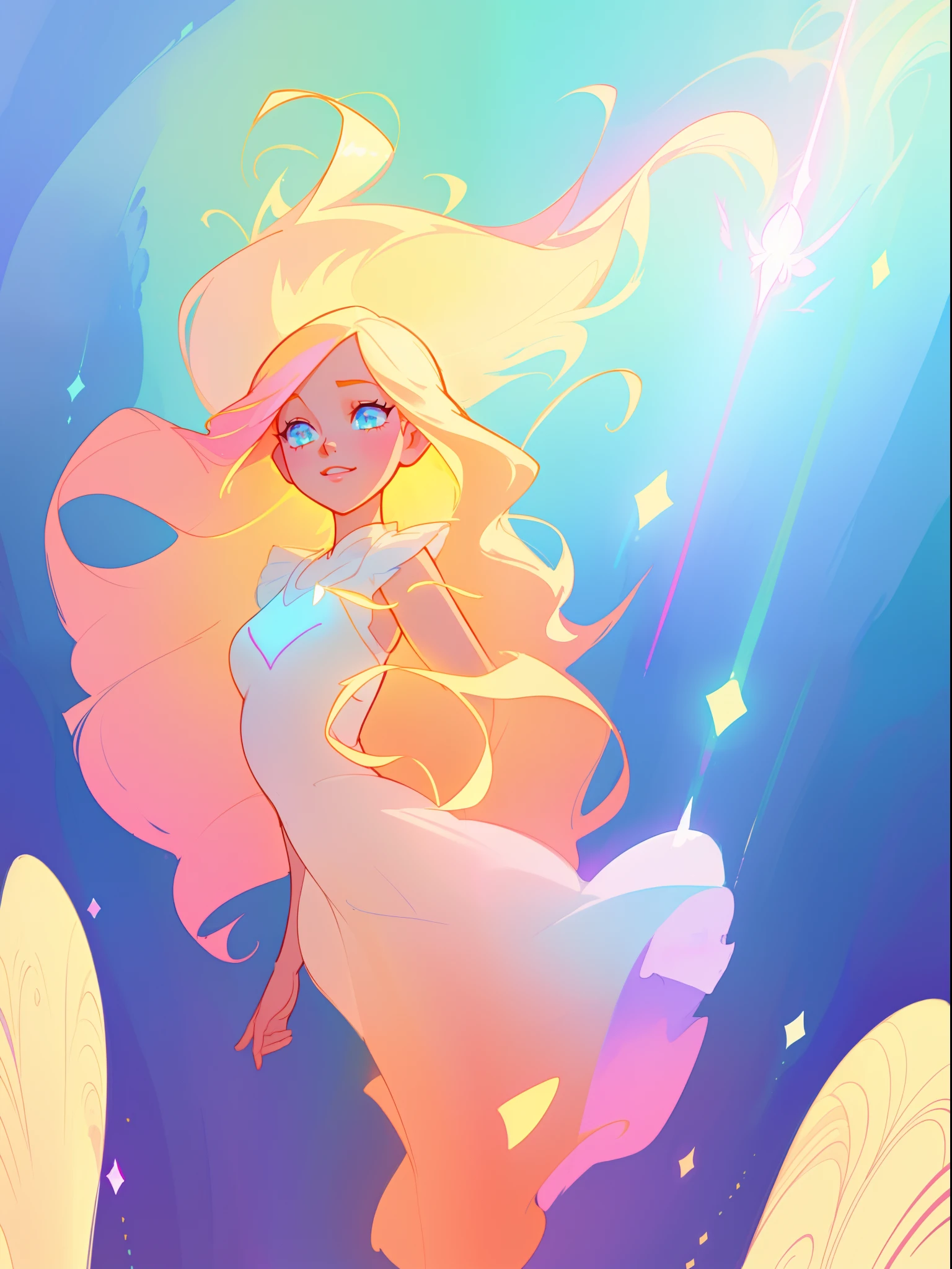 beautiful girl, flowing white dress, vibrant pastel colors, (colorful), magical lights, long flowing golden hair, inspired by Glen Keane, inspired by Lois van Baarle, disney art style, by Lois van Baarle, glowing aura around her, by Glen Keane, jen bartel, glowing lights! digital painting, flowing glowing hair, glowing flowing hair, beautiful digital illustration, fantasia background, whimsical, magical, fantasy, beautiful face, ((masterpiece, best quality)), intricate details, highly detailed, sharp focus, 8k resolution, sparkling detailed eyes, liquid watercolor