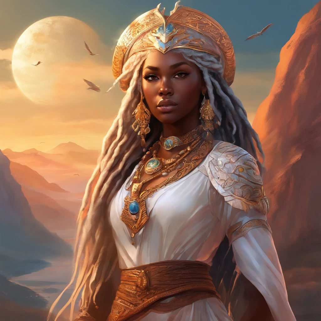 "(best quality,ultra-detailed),Ebony skin,Ebony skinned female:1.1,beautiful detailed eyes,beautiful detailed lips,white dreadlocks,thicc,tribal warrior outfit,not too strong looking,confident posture,exotic background,sharp focus,vivid colors" white dreadlocks, white hair, white dreadlocks
