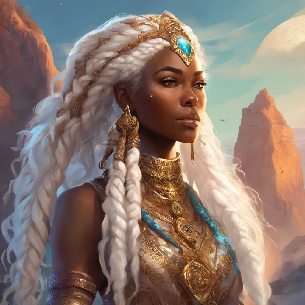 "(best quality,ultra-detailed),Ebony skin,Ebony skinned female:1.1,beautiful detailed eyes,beautiful detailed lips,white dreadlocks,thicc,tribal warrior outfit,not too strong looking,confident posture,exotic background,sharp focus,vivid colors" white dreadlocks, white hair, white dreadlocks