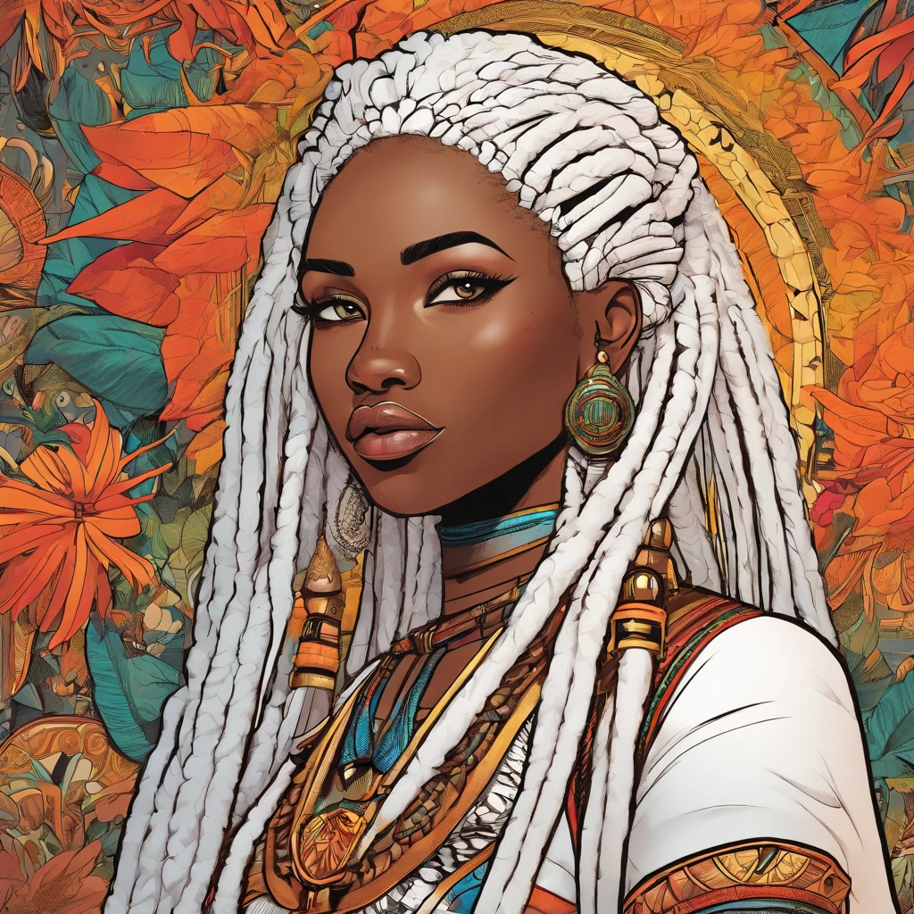 "(best quality,ultra-detailed),Ebony skin,Ebony skinned female:1.1,beautiful detailed eyes,beautiful detailed lips,white dreadlocks,thicc,tribal warrior outfit,not too strong looking,confident posture,exotic background,sharp focus,vivid colors" white dreadlocks, white hair, white dreadlocks