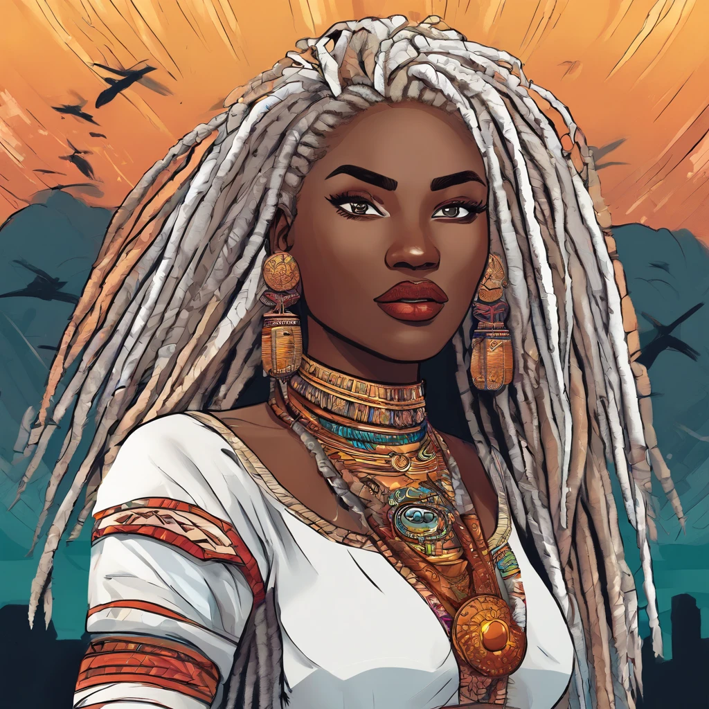 "(best quality,ultra-detailed),Ebony skin,Ebony skinned female:1.1,beautiful detailed eyes,beautiful detailed lips,white dreadlocks,thicc,tribal warrior outfit,not too strong looking,confident posture,exotic background,sharp focus,vivid colors" white dreadlocks, white hair, white dreadlocks