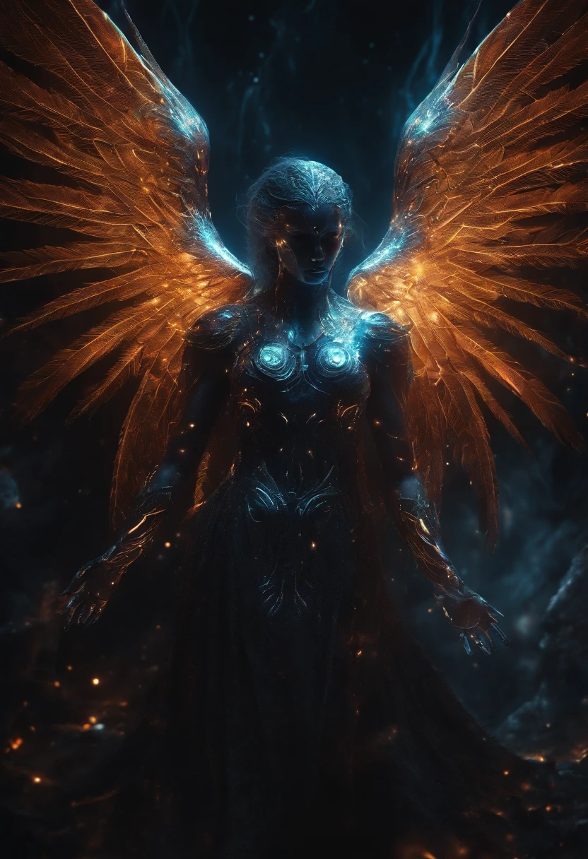 Cosmic Fallen Angel, glowing light eyes, Biomechanical, eerie, Creepy, nightmarish, Very bright colors, Light particles, with light glowing, Mshiff, wallpaper art, UHD wallpaper