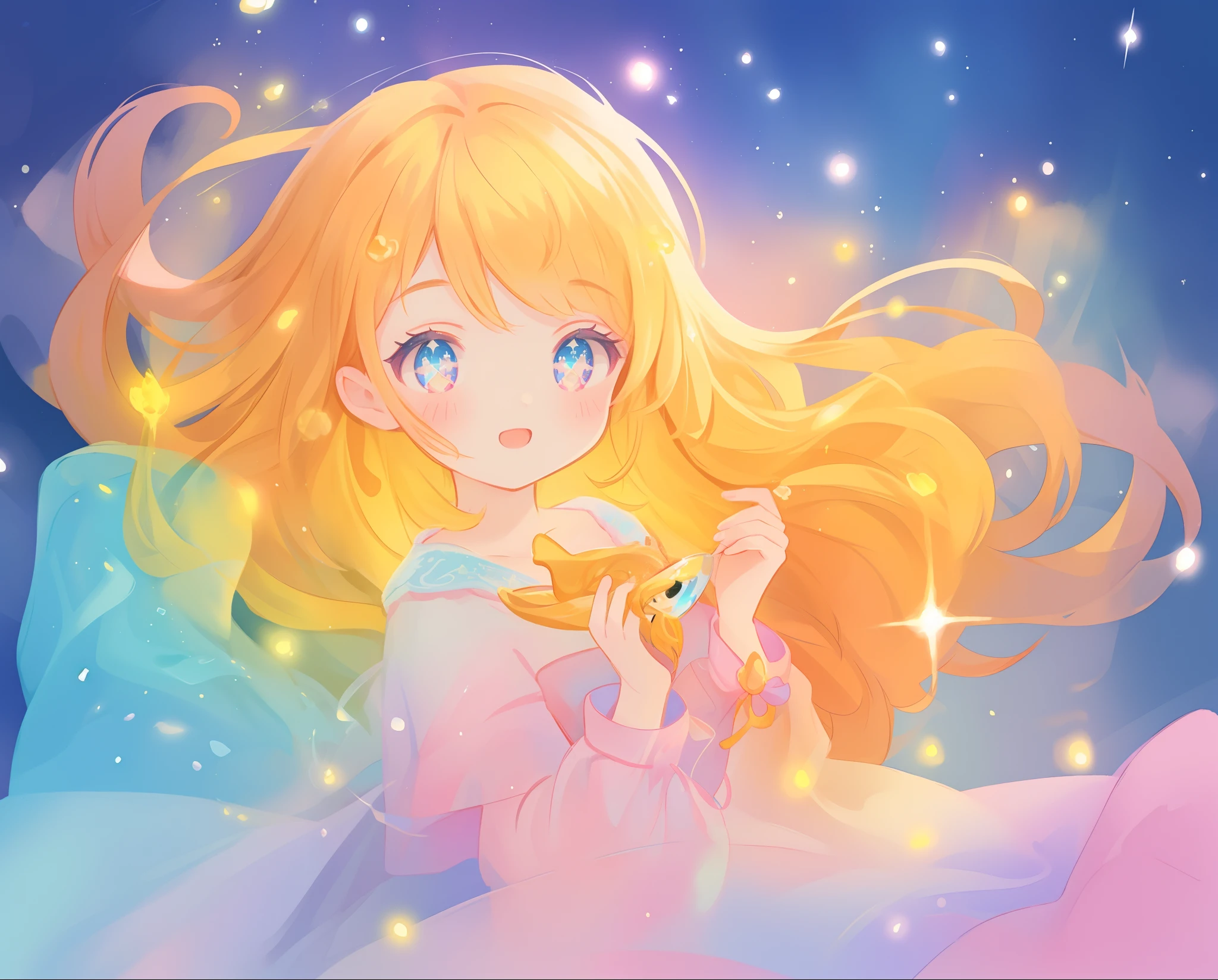 beautiful girl in white layered ballgown, vibrant pastel colors, (colorful), magical lights, golden long wavy hair, sparkling lines of light, inspired by Glen Keane, inspired by Lois van Baarle, disney art style, by Lois van Baarle, glowing aura around her, by Glen Keane, jen bartel, glowing lights! digital painting, flowing glowing hair, glowing flowing hair, beautiful digital illustration, fantasia background, whimsical, magical, fantasy, beautiful face, ((masterpiece, best quality)), intricate details, highly detailed, sharp focus, 8k resolution, sparkling detailed eyes, liquid watercolor