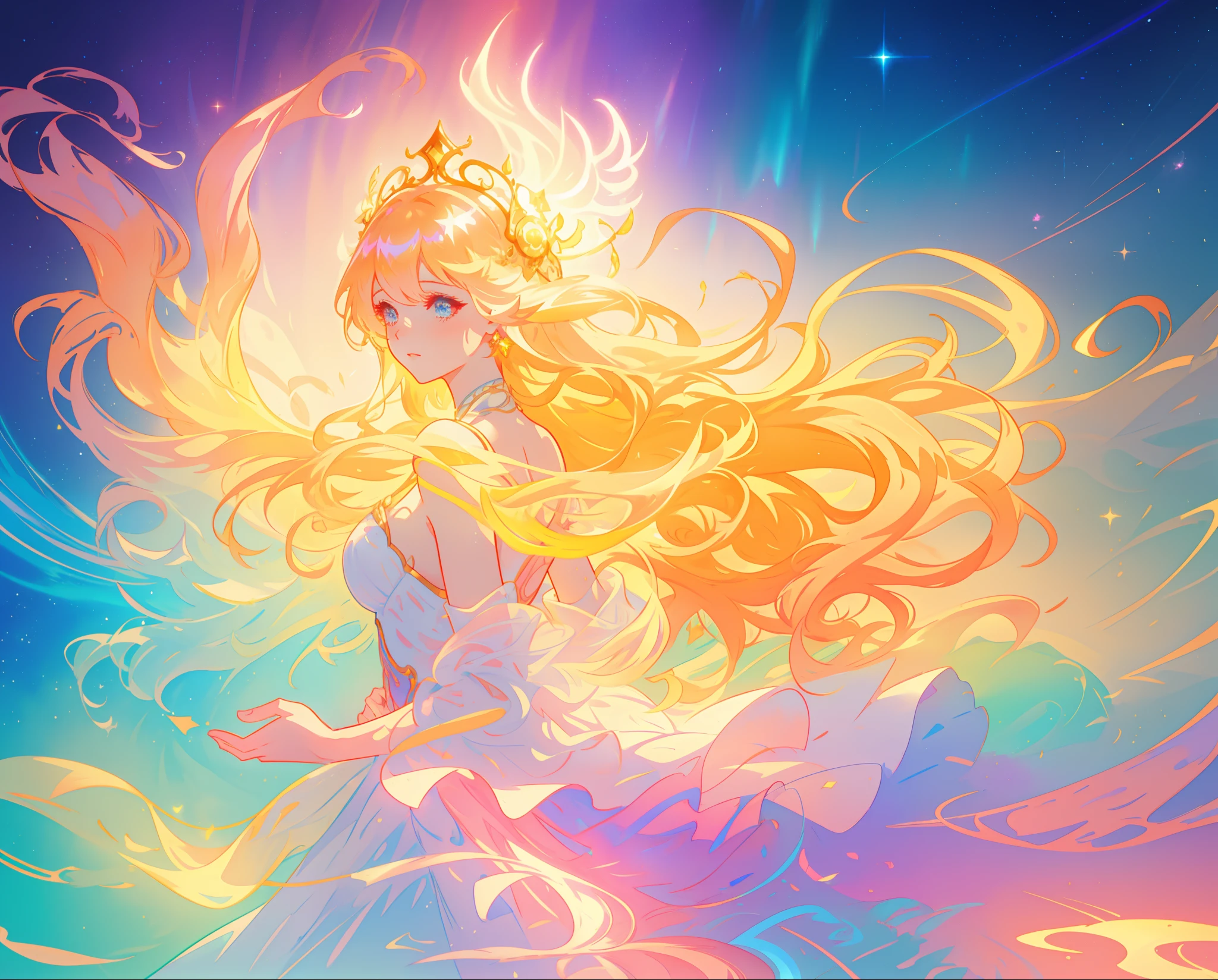 beautiful girl in white layered ballgown, vibrant pastel colors, (colorful), magical lights, golden long wavy hair, sparkling lines of light, inspired by Glen Keane, inspired by Lois van Baarle, disney art style, by Lois van Baarle, glowing aura around her, by Glen Keane, jen bartel, glowing lights! digital painting, flowing glowing hair, glowing flowing hair, beautiful digital illustration, fantasia background, whimsical, magical, fantasy, beautiful face, ((masterpiece, best quality)), intricate details, highly detailed, sharp focus, 8k resolution, sparkling detailed eyes, liquid watercolor