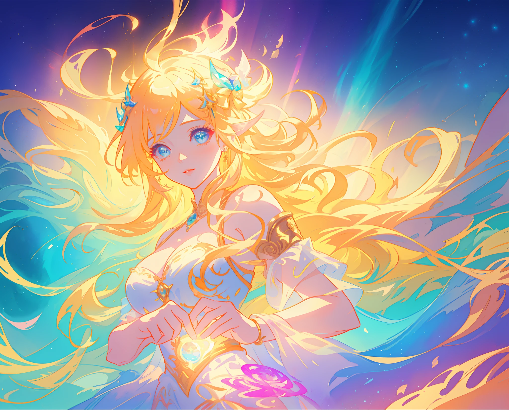 beautiful girl in white layered ballgown, vibrant pastel colors, (colorful), magical lights, golden long wavy hair, sparkling lines of light, inspired by Glen Keane, inspired by Lois van Baarle, disney art style, by Lois van Baarle, glowing aura around her, by Glen Keane, jen bartel, glowing lights! digital painting, flowing glowing hair, glowing flowing hair, beautiful digital illustration, fantasia background, whimsical, magical, fantasy, beautiful face, ((masterpiece, best quality)), intricate details, highly detailed, sharp focus, 8k resolution, sparkling detailed eyes, liquid watercolor
