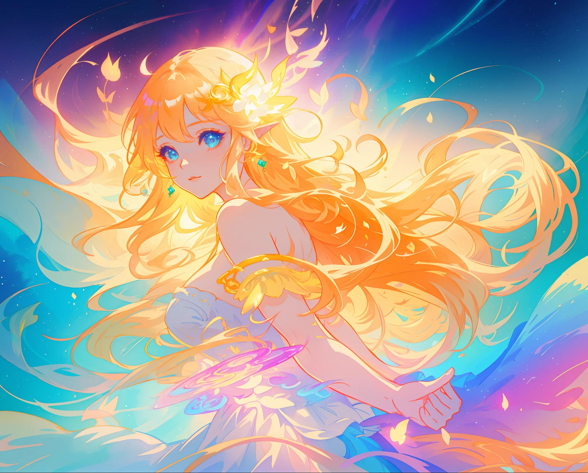 beautiful girl in white layered ballgown, vibrant pastel colors, (colorful), magical lights, golden long wavy hair, sparkling lines of light, inspired by Glen Keane, inspired by Lois van Baarle, disney art style, by Lois van Baarle, glowing aura around her, by Glen Keane, jen bartel, glowing lights! digital painting, flowing glowing hair, glowing flowing hair, beautiful digital illustration, fantasia background, whimsical, magical, fantasy, beautiful face, ((masterpiece, best quality)), intricate details, highly detailed, sharp focus, 8k resolution, sparkling detailed eyes, liquid watercolor