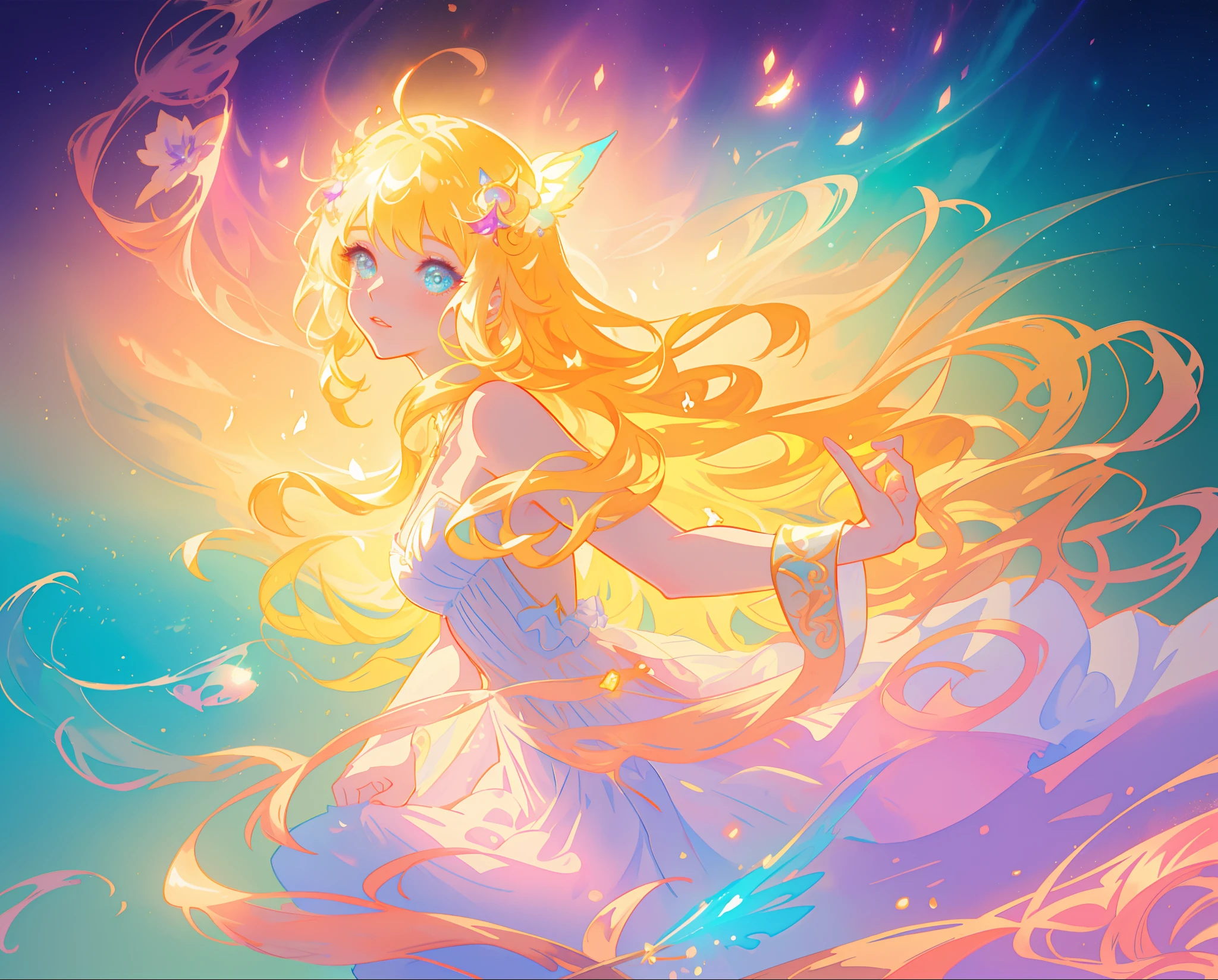 beautiful girl in white layered ballgown, vibrant pastel colors, (colorful), magical lights, golden long wavy hair, sparkling lines of light, inspired by Glen Keane, inspired by Lois van Baarle, disney art style, by Lois van Baarle, glowing aura around her, by Glen Keane, jen bartel, glowing lights! digital painting, flowing glowing hair, glowing flowing hair, beautiful digital illustration, fantasia background, whimsical, magical, fantasy, beautiful face, ((masterpiece, best quality)), intricate details, highly detailed, sharp focus, 8k resolution, sparkling detailed eyes, liquid watercolor
