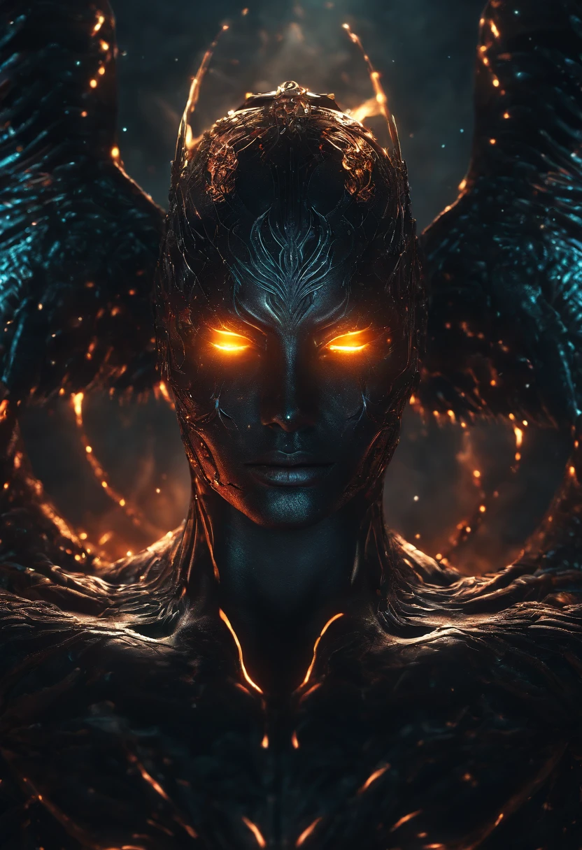Cosmic Fallen Angel, glowing light eyes, Biomechanical, eerie, Creepy, nightmarish, Very bright colors, Light particles, with light glowing, Mshiff, wallpaper art, UHD wallpaper,no face,very muscular,cool