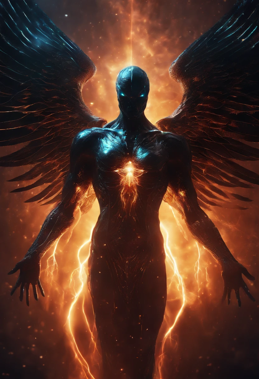 Cosmic Fallen Angel, glowing light eyes, Biomechanical, eerie, Creepy, nightmarish, Very bright colors, Light particles, with light glowing, Mshiff, wallpaper art, UHD wallpaper,no face,very muscular,cool