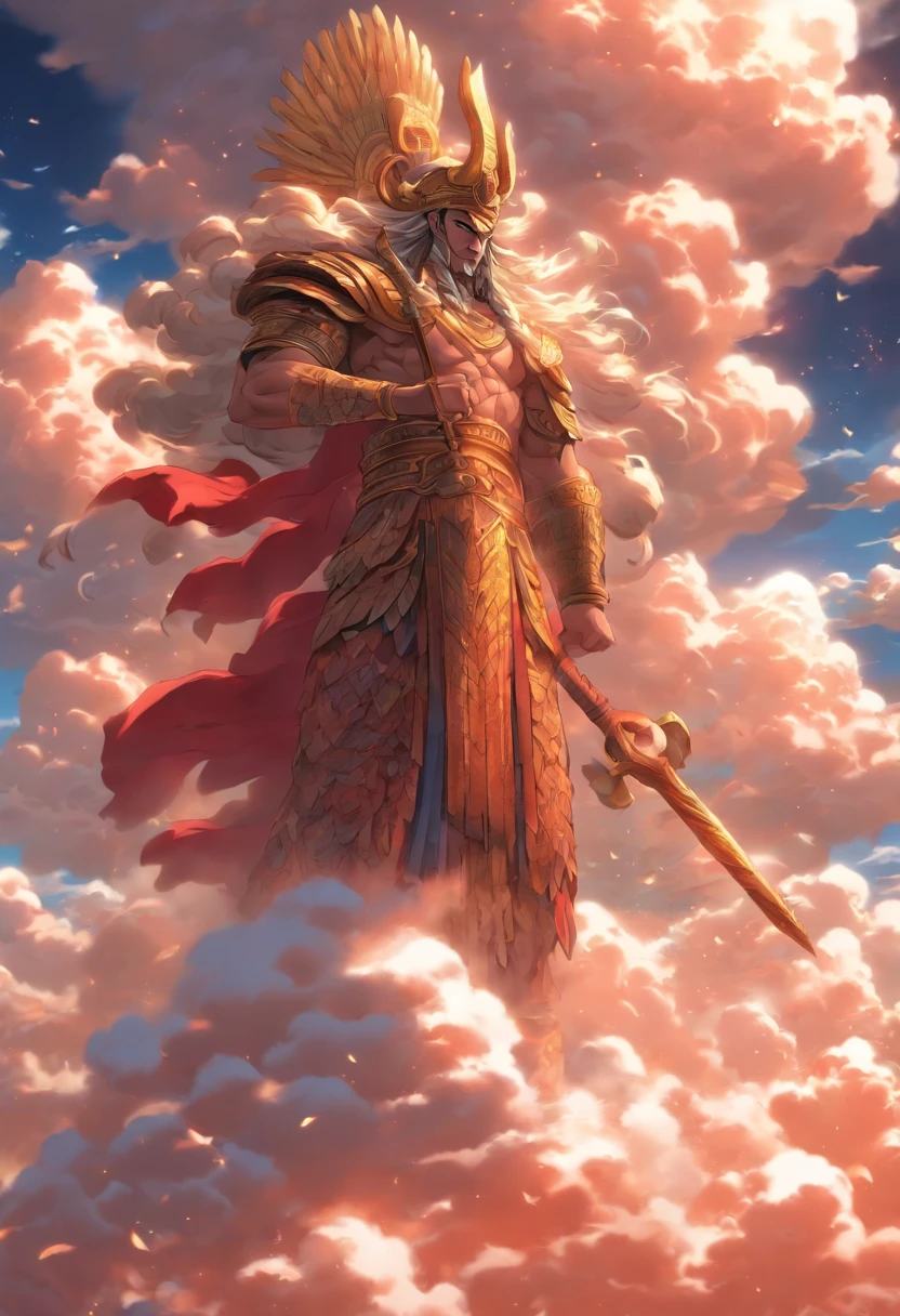 (((ANU))) best quality, ultra-high resolution, 4K detailed CG, masterpiece, Sumerian God,horn,clouds, Sumerian clothing, Sumerian mythology, ((Cloud God)), Sumerian image, aesthetic, screen-centered, full body