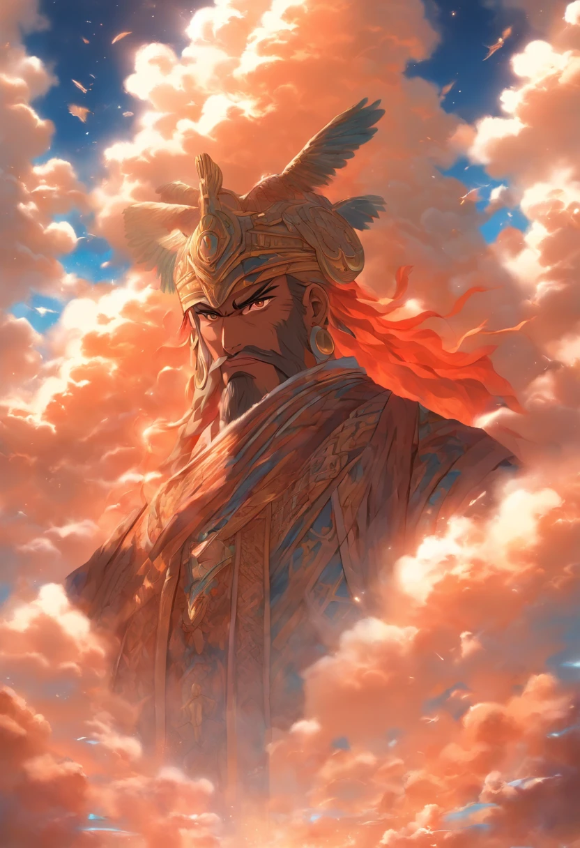 (((ANU))) best quality, ultra-high resolution, 4K detailed CG, masterpiece, Sumerian God,horn,clouds, Sumerian clothing, Sumerian mythology, ((Cloud God)), Sumerian image, aesthetic, screen-centered, full body