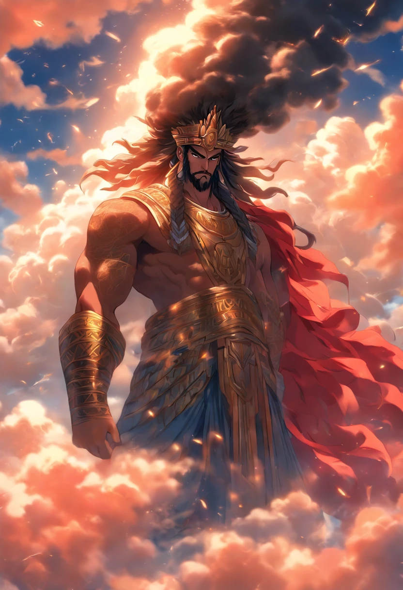 (((ANU))) best quality, ultra-high resolution, 4K detailed CG, masterpiece, Sumerian God,horn,clouds, Sumerian clothing, Sumerian mythology, ((Cloud God)), Sumerian image, aesthetic, screen-centered, full body