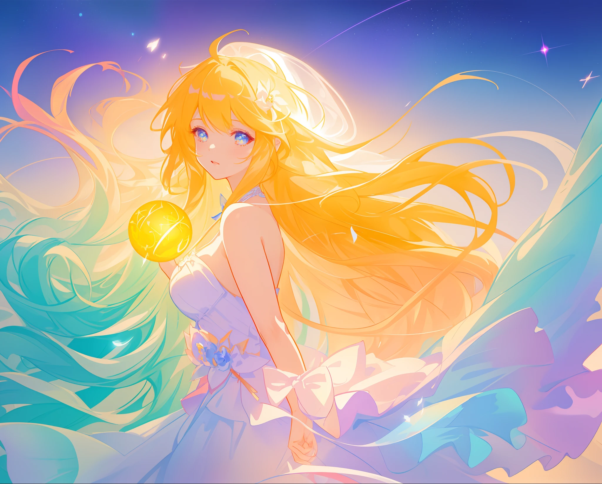 beautiful girl in white layered ballgown, vibrant pastel colors, (colorful), magical lights, golden long wavy hair, sparkling lines of light, inspired by Glen Keane, inspired by Lois van Baarle, disney art style, by Lois van Baarle, glowing aura around her, by Glen Keane, jen bartel, glowing lights! digital painting, flowing glowing hair, glowing flowing hair, beautiful digital illustration, fantasia background, whimsical, magical, fantasy, beautiful face, ((masterpiece, best quality)), intricate details, highly detailed, sharp focus, 8k resolution, sparkling detailed eyes, liquid watercolor