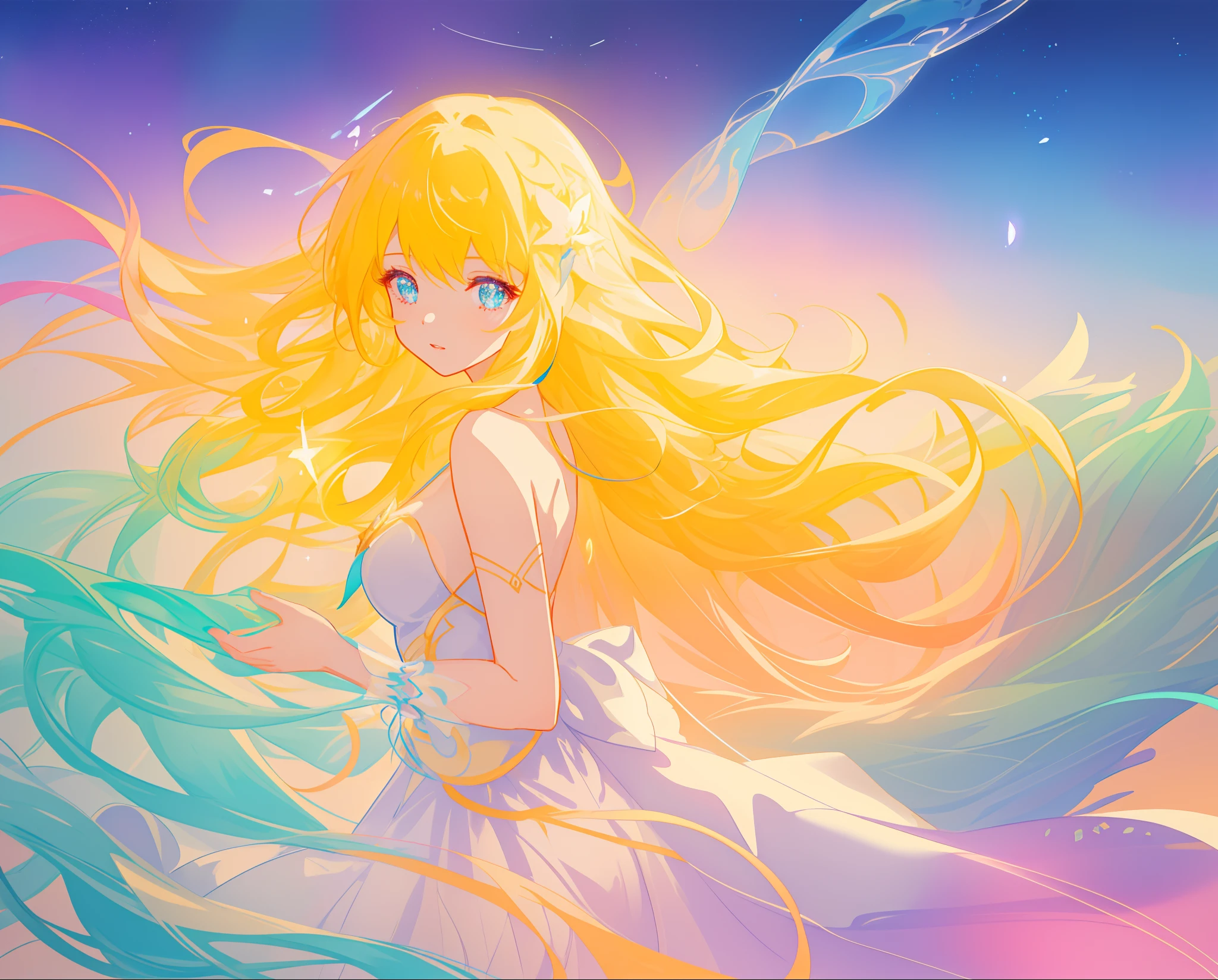 beautiful girl in white layered ballgown, vibrant pastel colors, (colorful), magical lights, golden long wavy hair, sparkling lines of light, inspired by Glen Keane, inspired by Lois van Baarle, disney art style, by Lois van Baarle, glowing aura around her, by Glen Keane, jen bartel, glowing lights! digital painting, flowing glowing hair, glowing flowing hair, beautiful digital illustration, fantasia background, whimsical, magical, fantasy, beautiful face, ((masterpiece, best quality)), intricate details, highly detailed, sharp focus, 8k resolution, sparkling detailed eyes, liquid watercolor