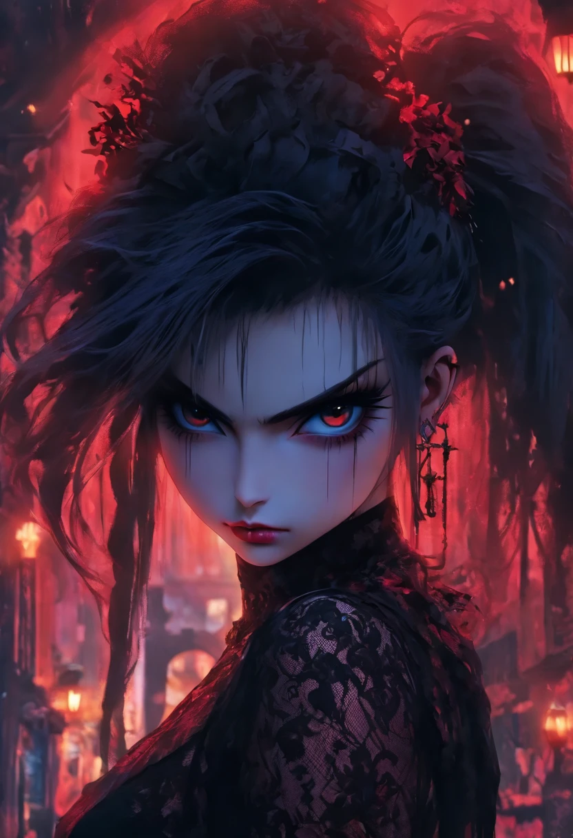 In Anime-art style, pixiv, masterpiece, 1 girl, (Close-up:1.1),Very Close to the Viewer( only half of the face is visible), soft lighting, Bloody sky, bloody environment, bloody rain, dark silhouettes, красный blood vibe, red vibe настроение, red like your blood, vampire life, Gothic, mysterious facial expressions, tattoos, aesthetics, rings and finger rings, web, head covered with dark cloth, Vampirism, на заднем фоне dark silhouettes, the character is closer to the viewer, видно только one eye, Focus on the character, Close-up, symbolism, a ritual, mirrors and paintings in the background, reflections, on the avatar, Dark art style, Blood runs down his face, portrait, leader, leads the concept, silhouettes behind, chaos, the weather is terrible, someone is spectating on her, DALLE, Close-up больших демонических глаз, сложные eyes, Unique Demon Ghouls, These images feature a dark, anime-style warrior with intricate tattoos and glowing red eyes, holding a blood-stained katana. The background includes a moonlit scene with shadowy samurai figures and a mysterious reaper, balanced to give equal focus to both the warrior and the background elements, creating a masterpiece, Digital art, city on the skyline, dark lighting, permission 1:1, blond hair, kimono, katana, Shanghai, nails painted black, in detail, moon and shadows, eyes, в eyesх отражение битвы, mysticism in the background, split personality, в eyesх готовится к битве, необычные eyes, scene, add more details, dark, fingers are proportional, serious look, holding a katana in his hands, only half of the face is visible, dystopia, night lighting, motion blur, красная и кровавая aesthetics, one eye, Close-up