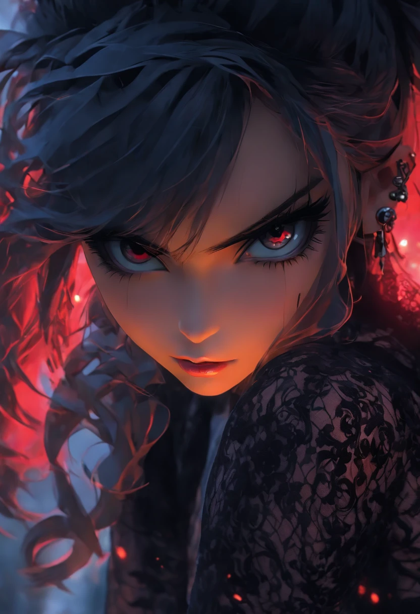 (best quality,4k,8k,highres,masterpiece:1.2),ultra-detailed,(realistic,photorealistic,photo-realistic:1.37),dark brown skinned female vampire,biting the neck of her victim,front of a dark gothic castle,ominous atmosphere,dramatic lighting,haunting shadows,crimson red curtains,bloody fangs,glistening drops of blood,dark flowing hair,seductively dressed,golden vampire eyes,pale moonlight illuminating the scene,intense emotions,desperate struggle,victim's terrified expression,subtle hints of supernatural powers,ancient stone walls,ravens perched on dark trees,thick mist swirling around the castle,ethereal beauty,evoking a sense of danger and allure,horror,gothic,portrait,expressionism,vivid colors,saturated tones,dramatic contrast,decaying leaves covering the ground,silent stillness,nighttime,secrets hidden in the darkness,quiet elegance,fierce and captivating,foreboding ambiance.