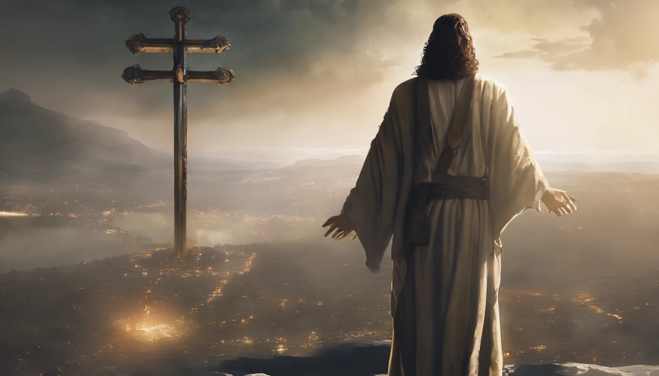 A man walking toward the cross, angel, God, throne, salvation, self-sacrifice, light, path, 3D illustration. 3d rendering