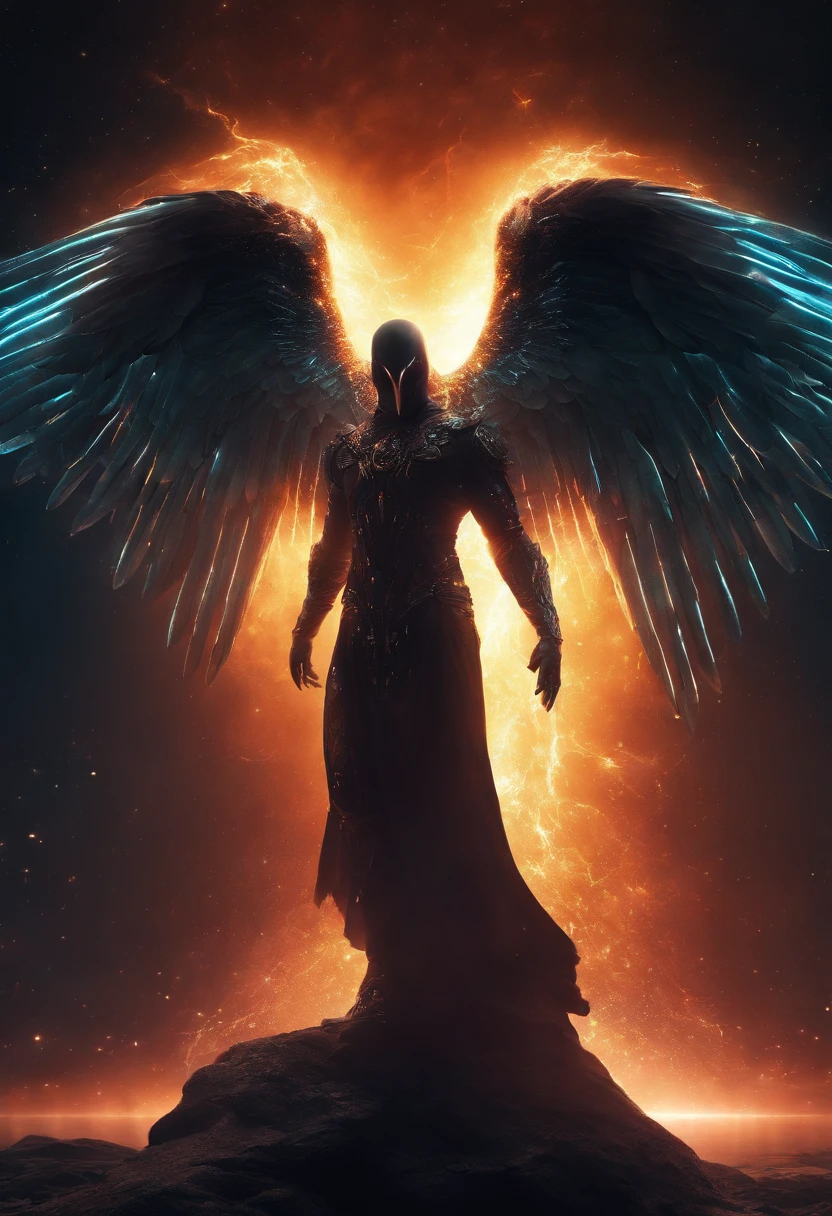 apocalpyse Fallen male Angel, dark, dirty body, glowing light eyes, Delicate and beautiful face, fire, inferno, sparks, background, industrial wings, Biomechanical, eerie, Dream-like, Very dark colors, Light particles, with light glowing, Lucifer, wallpaper art, UHD wallpaper fire sparks,