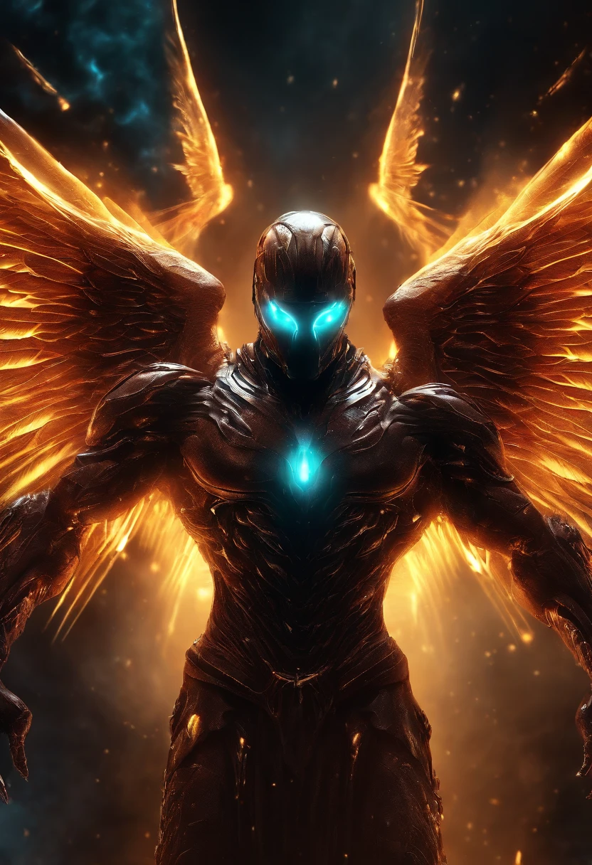 Cosmic Fallen Angel, glowing light eyes, Biomechanical, eerie, Creepy, nightmarish, Very bright colors, Light particles, with light glowing, Mshiff, wallpaper art, UHD wallpaper,no face,very muscular,cool,hero,protganist