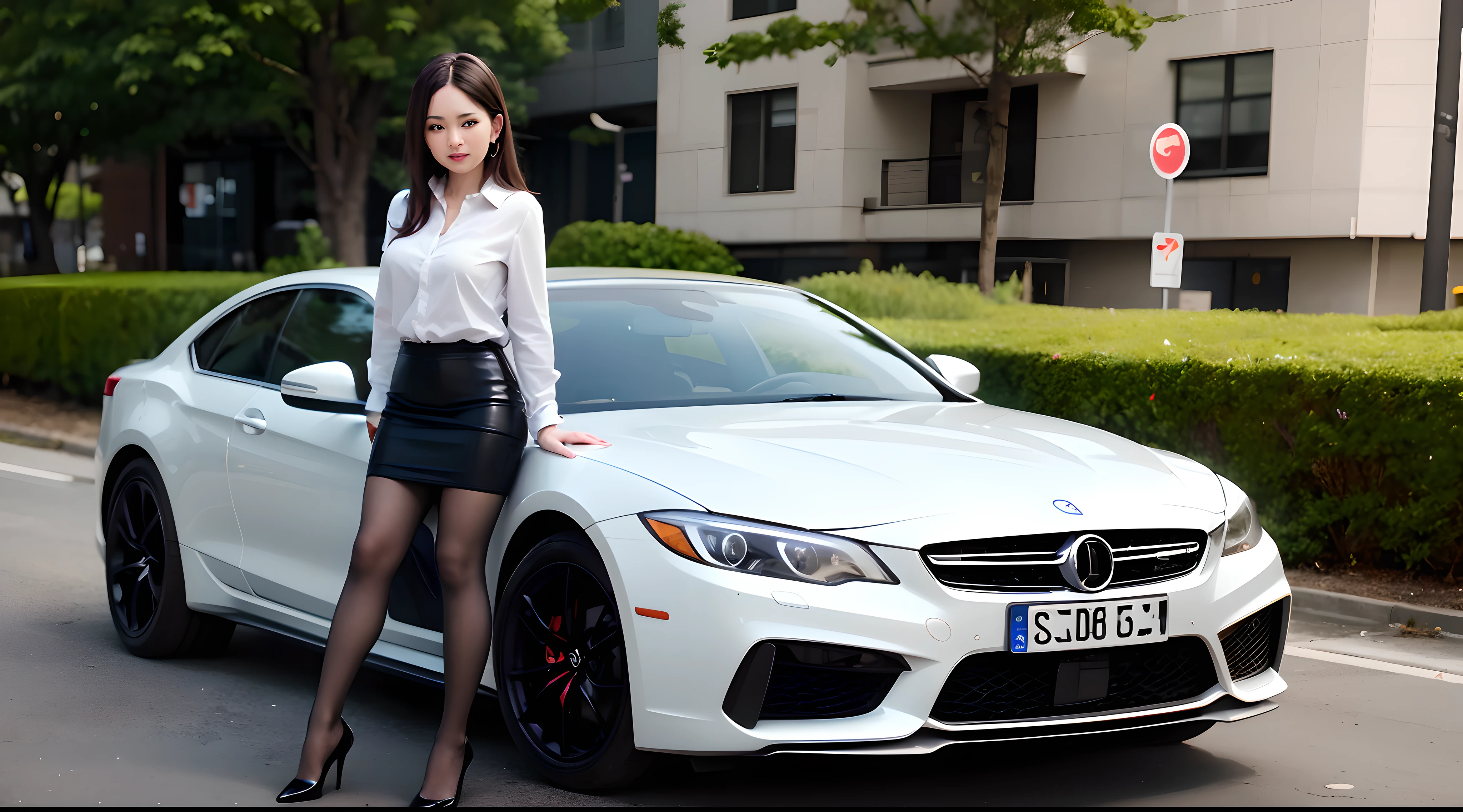 Masterpiece, high quality, one girl, woman, office lady, white long-sleeved shirt, black pantyhose, car, driver's side, very delicate, xtremely detailed, 8k