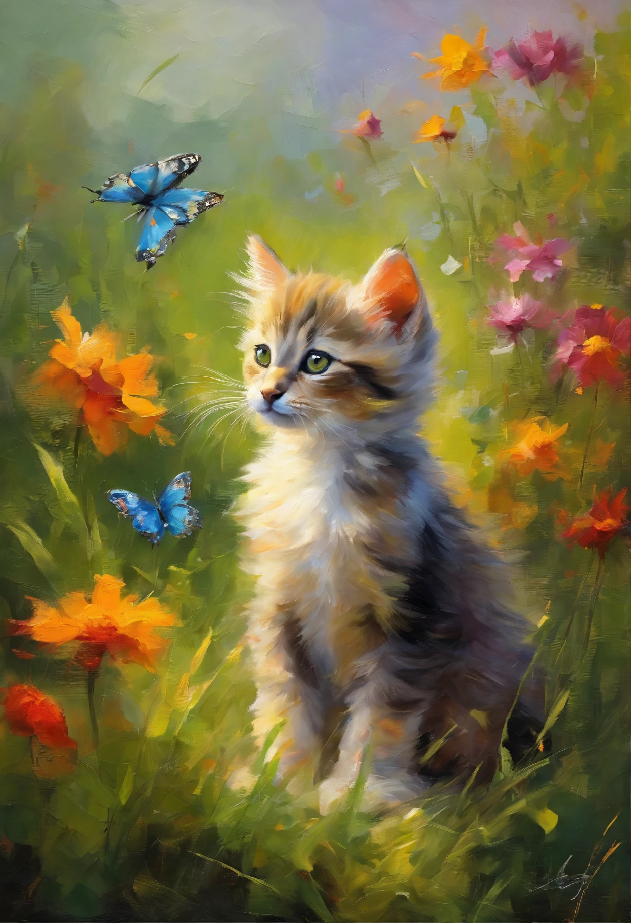 (best quality,ultra-detailed,realistic),a kitten watching a butterfly,beautiful detailed eyes,curious expression,soft fur,tiny paws,fluffy tail,cute whiskers,sunlit garden background,lush green grass,bright flowers,delicate butterfly wings,floating gracefully,colorful petals,gentle breeze,playful movement,vivid colors,artistic rendering,subtle lighting