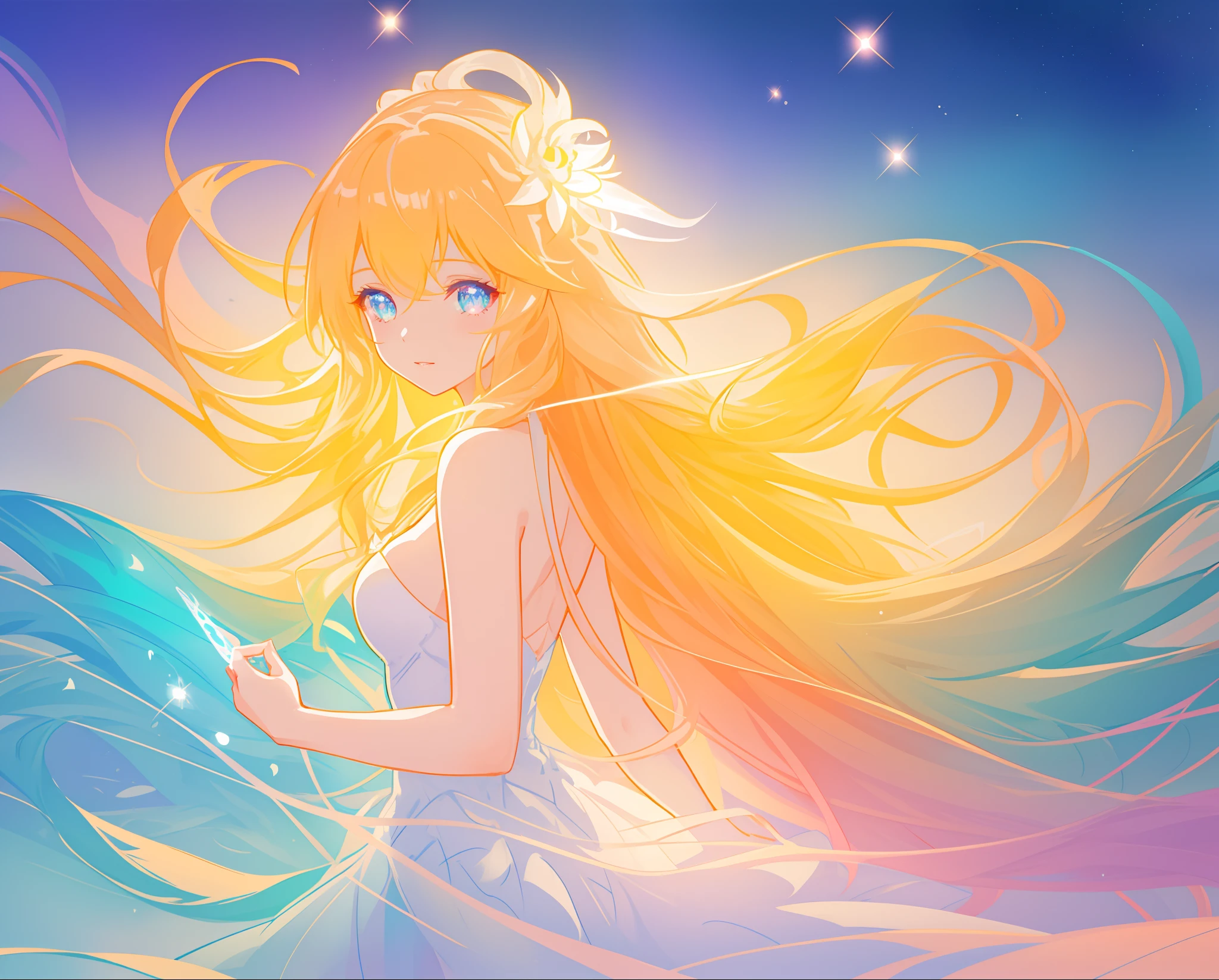 beautiful girl in white layered ballgown, vibrant pastel colors, (colorful), magical lights, golden long wavy hair, sparkling lines of light, inspired by Glen Keane, inspired by Lois van Baarle, disney art style, by Lois van Baarle, glowing aura around her, by Glen Keane, jen bartel, glowing lights! digital painting, flowing glowing hair, glowing flowing hair, beautiful digital illustration, fantasia background, whimsical, magical, fantasy, beautiful face, ((masterpiece, best quality)), intricate details, highly detailed, sharp focus, 8k resolution, sparkling detailed eyes, liquid watercolor