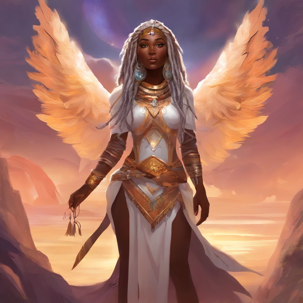 "(best quality,ultra-detailed),Ebony skin,Ebony skinned female:1.1,beautiful detailed eyes,beautiful detailed lips,white dreadlocks,thicc,tribal warrior outfit,not too strong looking,confident posture,exotic background,sharp focus,vivid colors" white dreadlocks, white hair, white dreadlocks