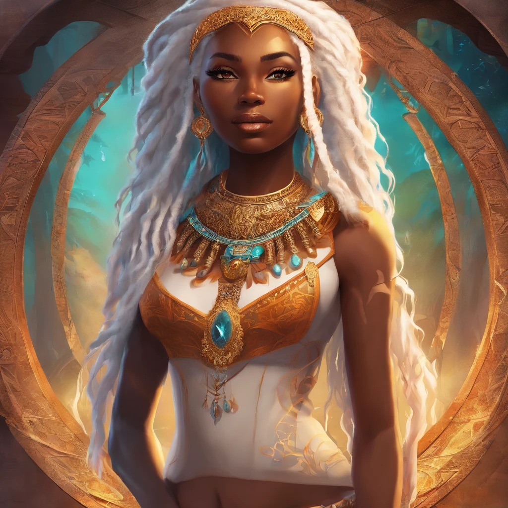 "(best quality,ultra-detailed),Ebony skin,Ebony skinned female:1.1,beautiful detailed eyes,beautiful detailed lips,white dreadlocks,thicc,tribal warrior outfit,not too strong looking,confident posture,exotic background,sharp focus,vivid colors" white dreadlocks, white hair, white dreadlocks