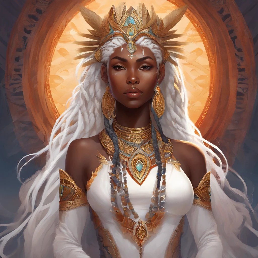 "(best quality,ultra-detailed),Ebony skin,Ebony skinned female:1.1,beautiful detailed eyes,beautiful detailed lips,white dreadlocks,thicc,tribal warrior outfit,not too strong looking,confident posture,exotic background,sharp focus,vivid colors" white dreadlocks, white hair, white dreadlocks