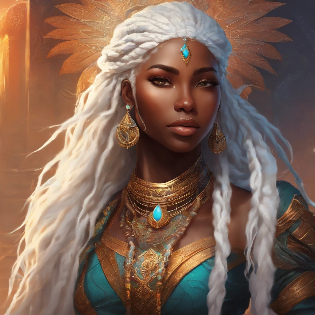 "(best quality,ultra-detailed),Ebony skin,Ebony skinned female:1.1,beautiful detailed eyes,beautiful detailed lips,white dreadlocks,thicc,tribal warrior outfit,not too strong looking,confident posture,exotic background,sharp focus,vivid colors" white dreadlocks, white hair, white dreadlocks