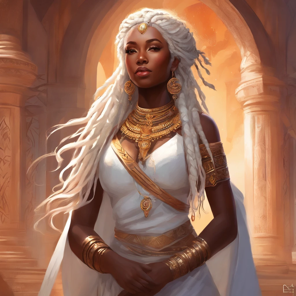 "(best quality,ultra-detailed),Ebony skin,Ebony skinned female:1.1,beautiful detailed eyes,beautiful detailed lips,white dreadlocks,thicc,tribal warrior outfit,not too strong looking,confident posture,exotic background,sharp focus,vivid colors" white dreadlocks, white hair, white dreadlocks
