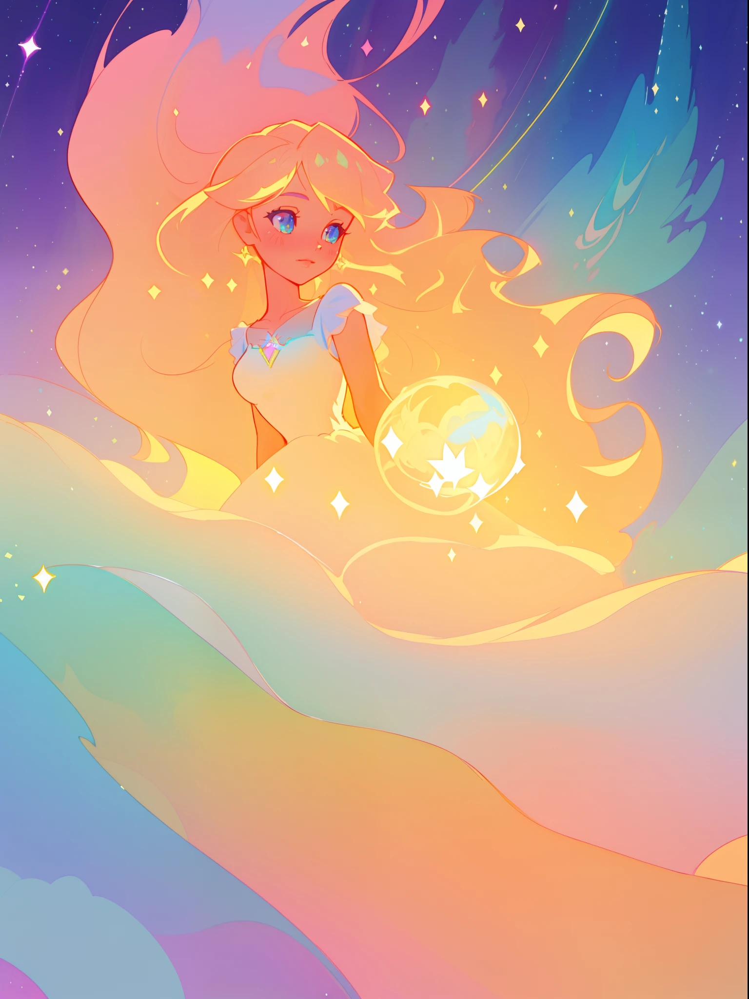beautiful girl in white tiered layered ballgown, vibrant pastel colors, (colorful), magical lights, golden long wavy hair, sparkling lines of light, inspired by Glen Keane, inspired by Lois van Baarle, disney art style, by Lois van Baarle, glowing aura around her, by Glen Keane, jen bartel, glowing lights! digital painting, flowing glowing hair, glowing flowing hair, beautiful digital illustration, fantasia background, whimsical, magical, fantasy, beautiful face, ((masterpiece, best quality)), intricate details, highly detailed, sharp focus, 8k resolution, sparkling detailed eyes, liquid watercolor