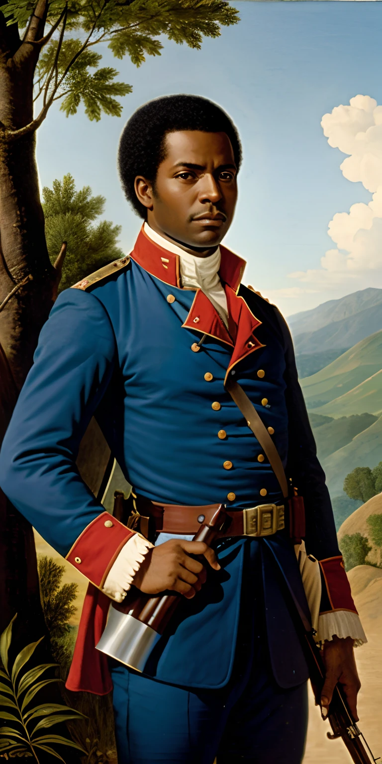 Toussaint l'Ouverture in his uniform,angry, holding rifle, standing on a hill, handsome face