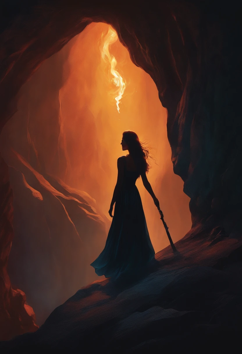 Dark illustration of a girl wearing a long black dress. She's holding a torch on her hand and she's on a dark cave