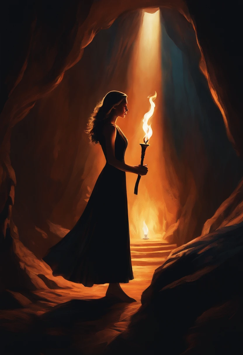 Dark illustration of a girl wearing a long black dress. She's holding a torch on her hand and she's on a dark cave