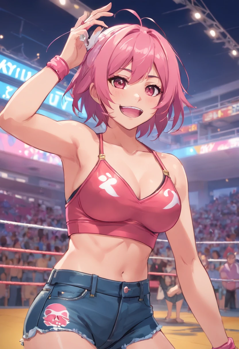 Japanese wrestler with face made up as skull, veste en cuir avec bikini, jeans, messy pink hair