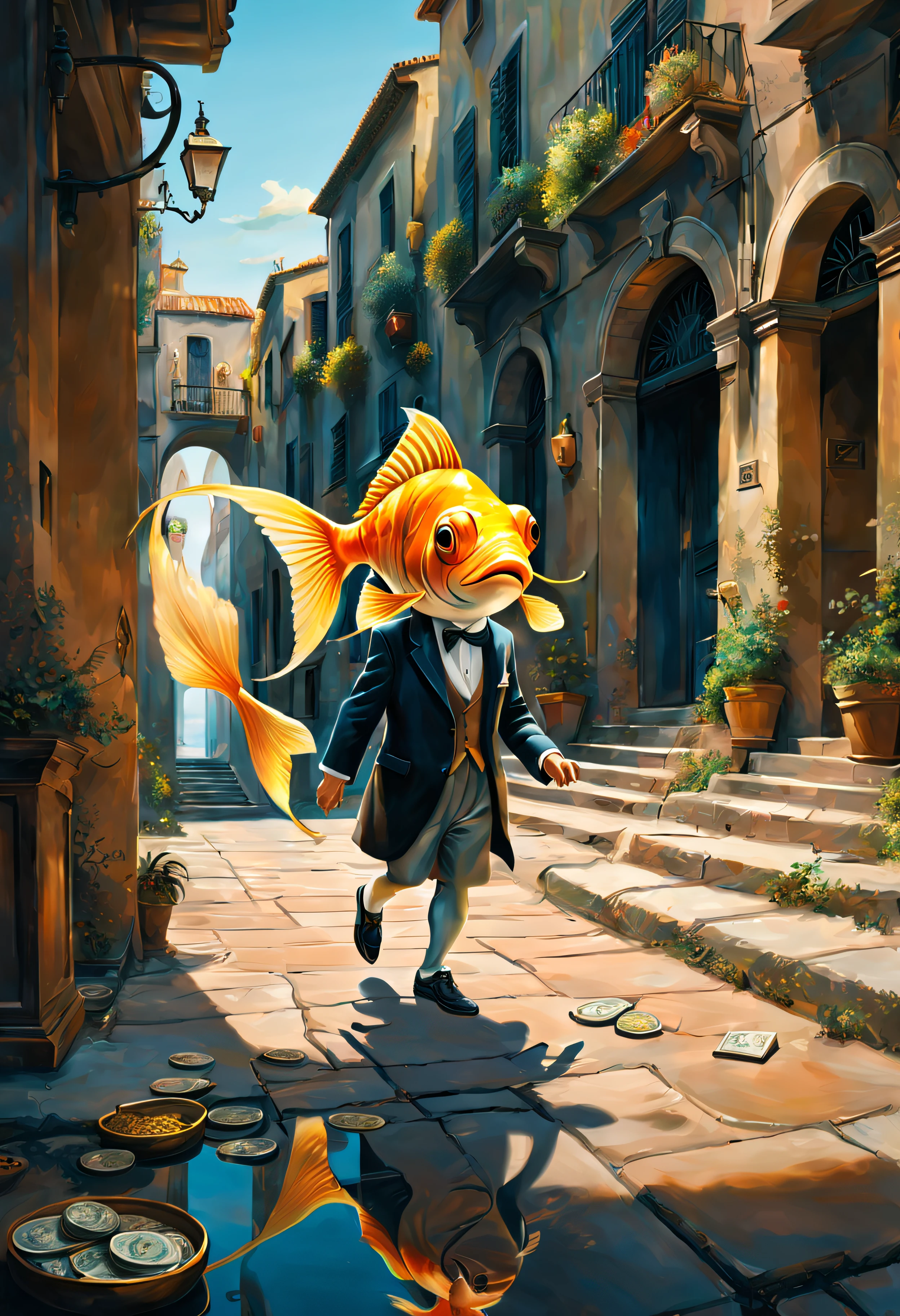 salvador dali,bstract painting,oil painting,gold fish,wing,walking fish,romanesque,tennis,money,absurdity,BREAK
Masterpiece, best quality, captures a super cute moment, depth of field, ultra detailed, ultra high resolution, Octadale, 8k, 16k
