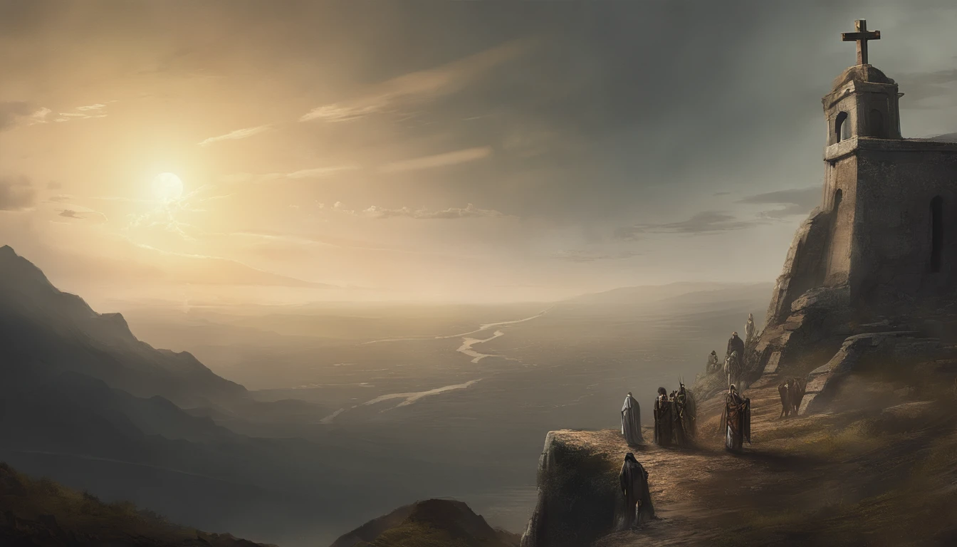 JESUS CRISTO NA CRUZ, Escuro, SOLDADOS ROMANOS AO REDOR, EFEITO DE LUZ SOBRE ELE, Realistic