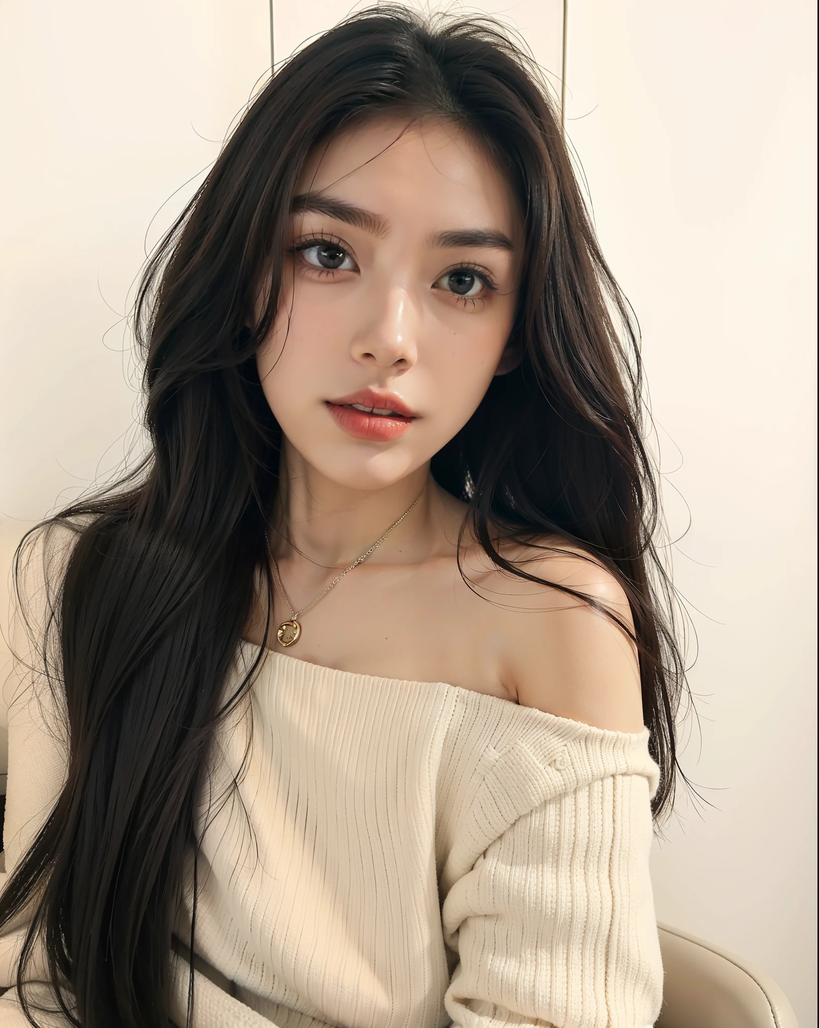 ((Night view, realistic light, best quality, 8k, masterpiece: 1.3)), 1girl, pretty woman with slim figure: 1.4, (brown hair: 1.3), off-the-shoulder cut top: 1.3, sofa, super detailed face, detailed eyes, double eyelids