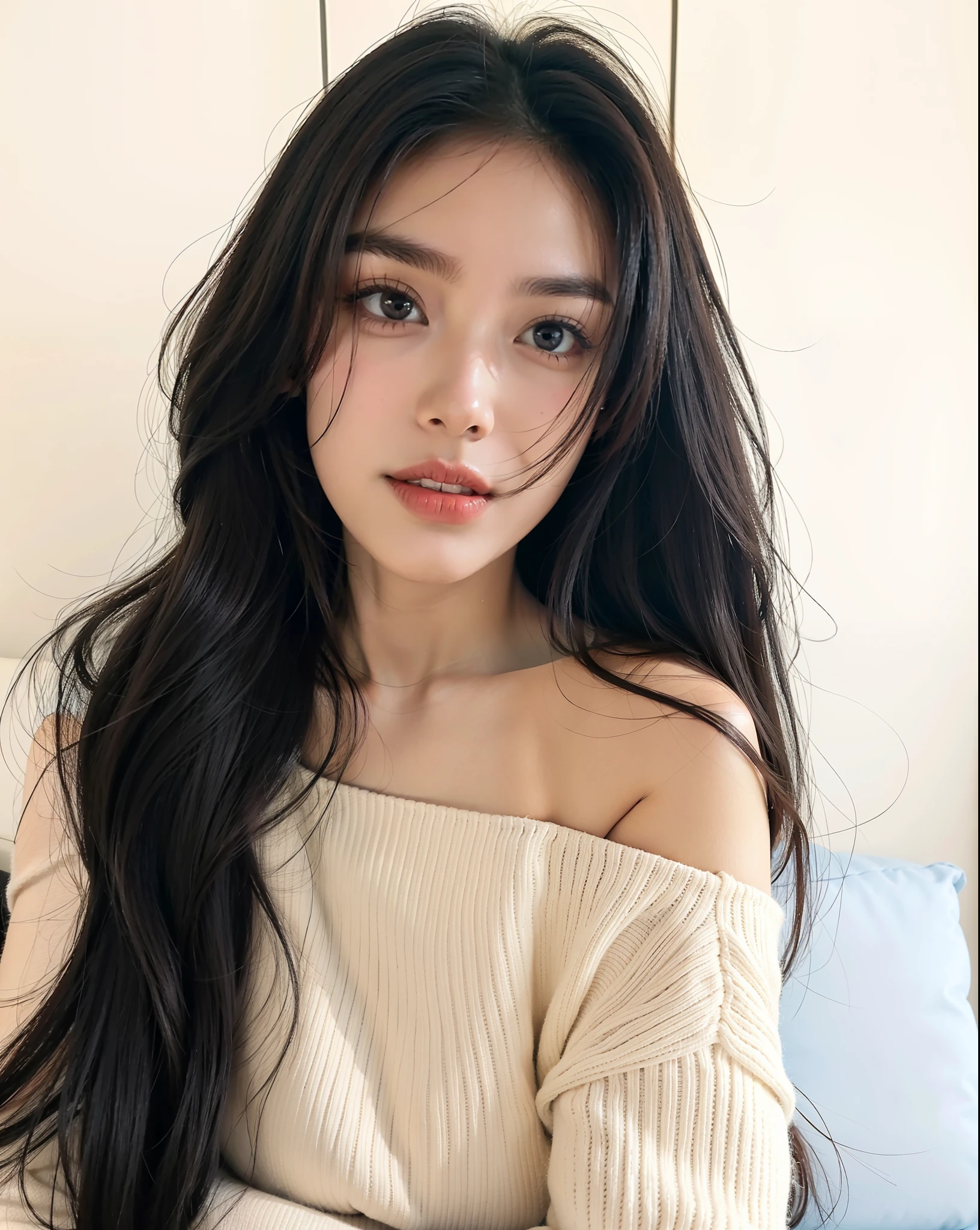 lovely cute young attractive teenage girl, village girl, 1, cute, an Instagram model, long black_hair, colorful hair, winter, dacing, wear black top, sitting at sofa home, clean face