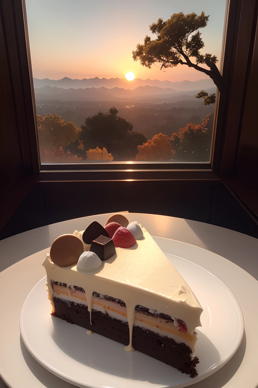 These layers inside have different colors near a tree on which small pieces of chocolate fall into the atmosphere of the sunset . On the Outside of This Cake, There is a beige sugar paste with an attractive design