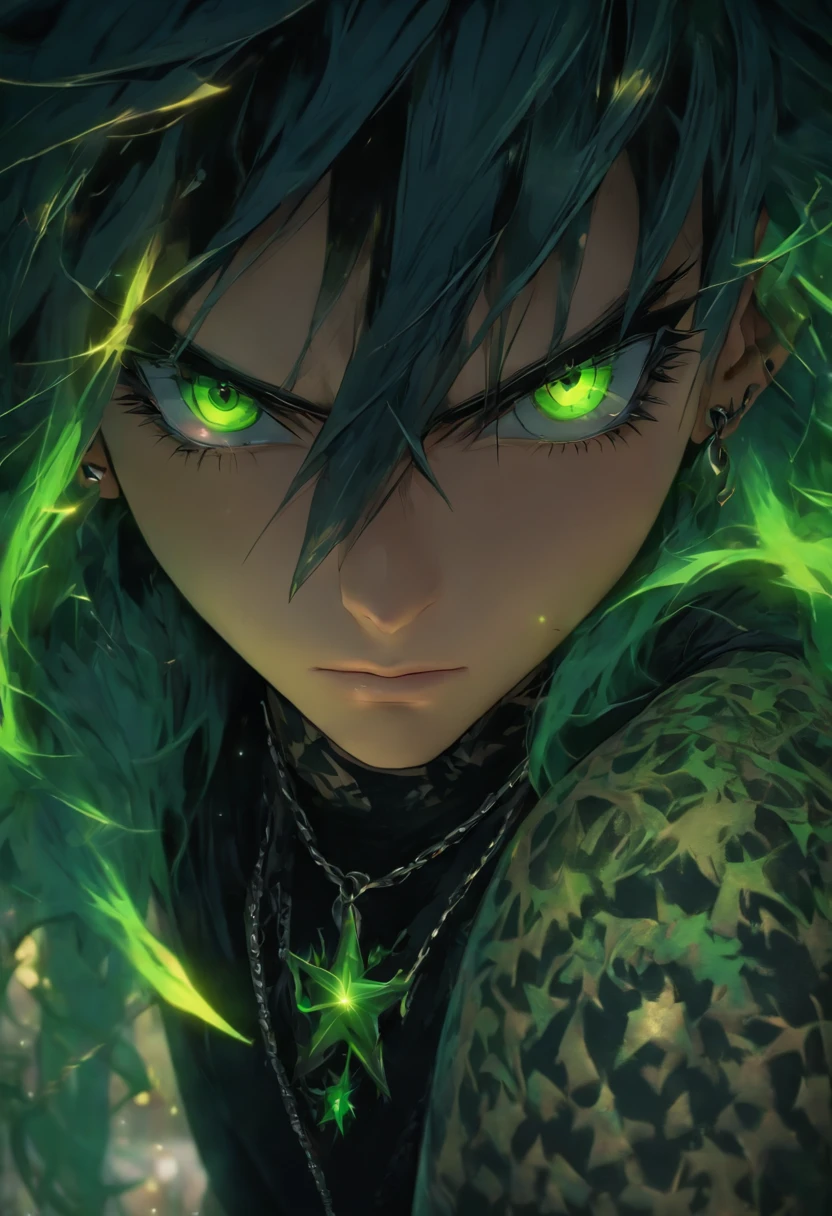 Masterpiece, Best quality, Anime young adult guy, messy spiky wavy black hair, thick-rimmed black square glasses, black jacket, bright green shirt, green eyes, chain necklace with a silver star pendant, both ears pierced, dynamic angle, Solo, Natural skin texture, Realistic black eyes and facial details :5),(Dark :1. 4), Deep shadows Detailed eyes and face, sharp black eyes, No black eyeliner, Detailed gothic costumes, Black hair, nikon d850 film, Surreal, Authentic textures, Dramatic, lighting, illusory engine, (facial clarity :1). 5), (Transparent clothes :1); 1) Gothic style, Black lace, tattoo