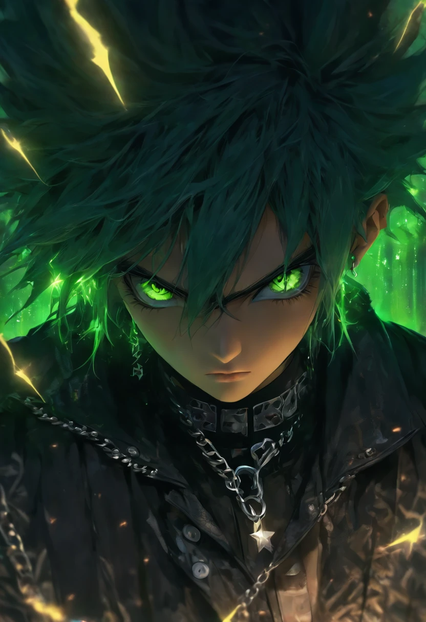 Masterpiece, Best quality, Anime young adult guy, messy spiky wavy black hair, thick-rimmed black square glasses, black jacket, bright green shirt, green eyes, chain necklace with a silver star pendant, both ears pierced, dynamic angle, Solo, Natural skin texture, Realistic black eyes and facial details :5),(Dark :1. 4), Deep shadows Detailed eyes and face, sharp black eyes, No black eyeliner, Detailed gothic costumes, Black hair, nikon d850 film, Surreal, Authentic textures, Dramatic, lighting, illusory engine, (facial clarity :1). 5), (Transparent clothes :1); 1) Gothic style, Black lace, tattoo